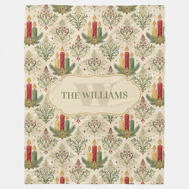 Weihnachtskerzen und Ornamente Monogramm Fleecedecke (Vorderseite)