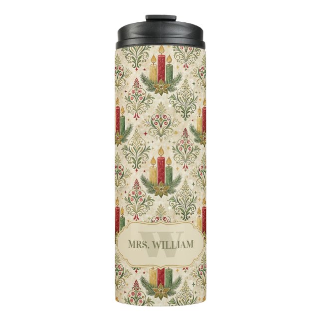 Weihnachtskerzen und Ornamente Monogramm Thermosbecher (Vorderseite)