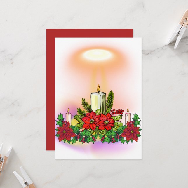 Weihnachtskerzenkarte mit Poinsettie Einladung (Vorderseite/Rückseite Beispiel)