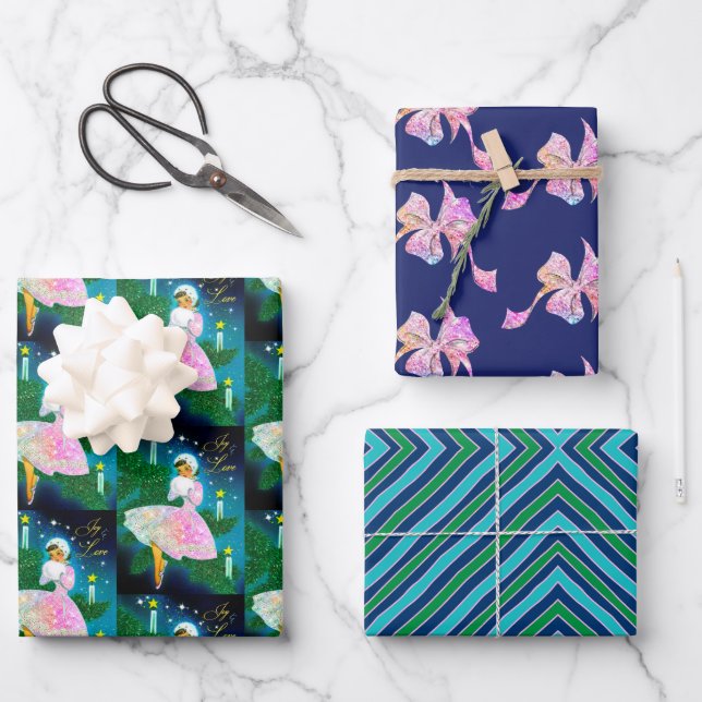 Weihnachtskerzenmädchen irisierender Glitzer Geschenkpapier Set (Vorderseite)