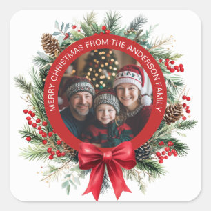 Weihnachtskiefer Blätter Holly Berries Foto Quadratischer Aufkleber
