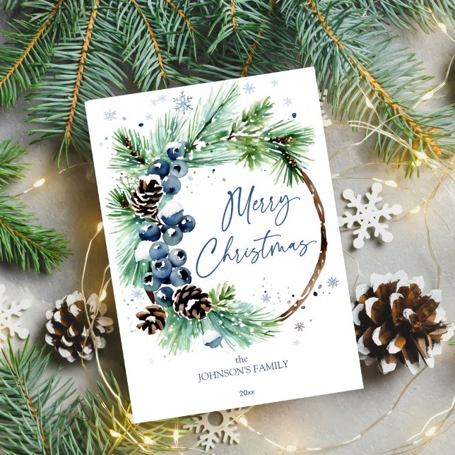 Weihnachtskiefer Feiertagskarte (Merry Christmas template holiday greeting card watercolor pine wreath blue winter berries pinecones)