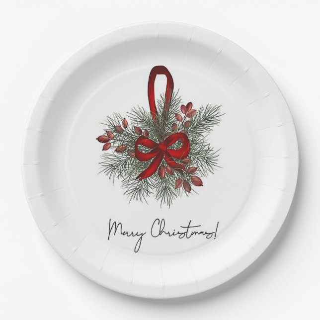 Weihnachtskiefer mit Rotem Bow Pappteller (Vorderseite)