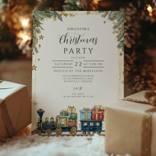Weihnachtskiefer und Geschenkezug Einladung