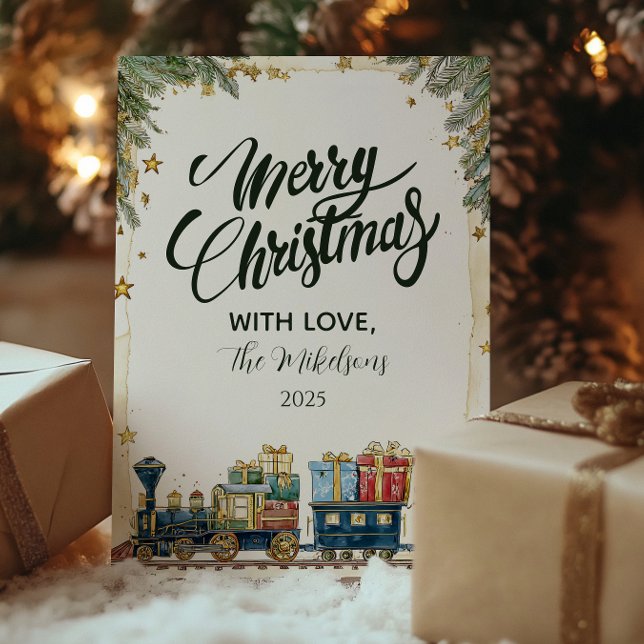 Weihnachtskiefer und Präsenzzug Feiertagskarte (Von Creator hochgeladen)