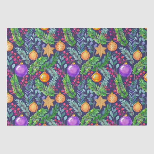 Weihnachtskiefer und -schmuck lila Muster Seidenpapier (Vorderseite)