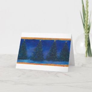 Weihnachtskiefern blau u. grün auf Gold Feiertagskarte