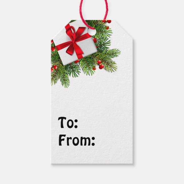 Weihnachtskiefern mit weißem, heute rotem Band Geschenkanhänger (Vorderseite)