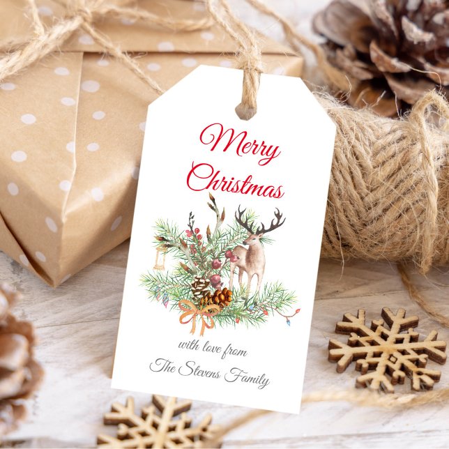 Weihnachtskiefern und Kiefernkiefern mit Reh Geschenkanhänger (Watercolor Christmas pine and pine cones with deer Gift Tags)