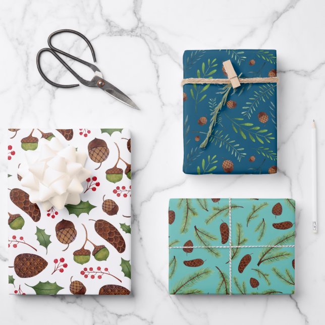 Weihnachtskiefern und -zweige Wasserfarbe Geschenkpapier Set (Vorderseite)