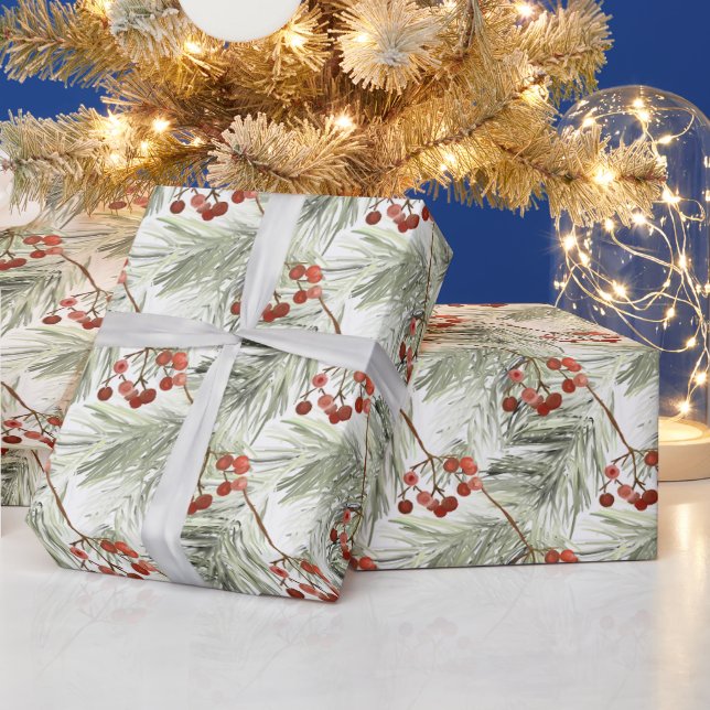 Weihnachtskiefernzweige und rote Beeren   Geschenkpapier (Feiertage)