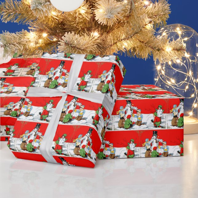 Weihnachtskinder und Schneemann gekachelt Geschenkpapier (Feiertage)