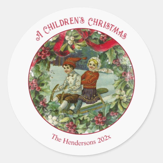 Weihnachtskinder Vintager Rundaufkleber Runder Aufkleber (Vorderseite)