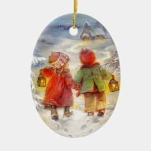 Weihnachtskinder wandern im Schnee Keramik Ornament