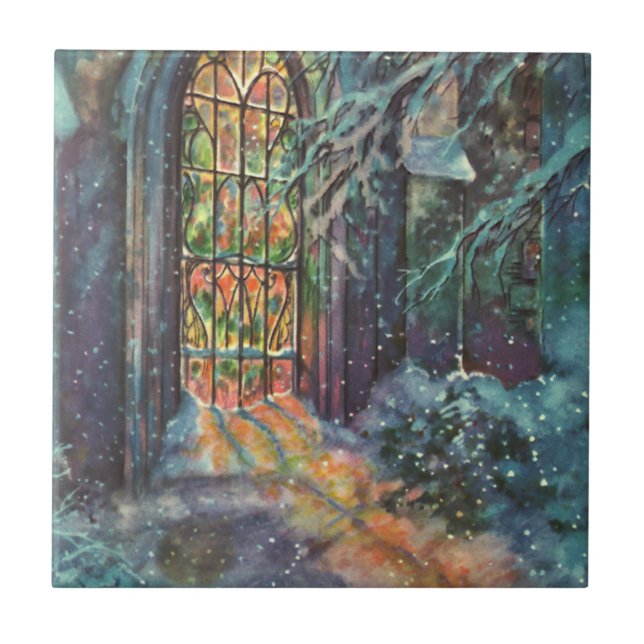 Weihnachtskirche mit festgeklemmtem Glasfenster Fliese (Vorderseite)