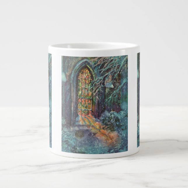 Weihnachtskirche mit festgeklemmtem Glasfenster Jumbo-Tasse (Vorderseite)