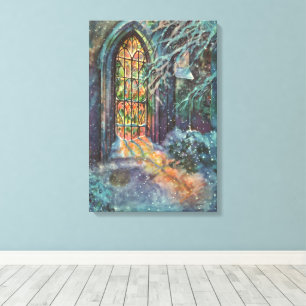 Weihnachtskirche mit festgeklemmtem Glasfenster Leinwanddruck