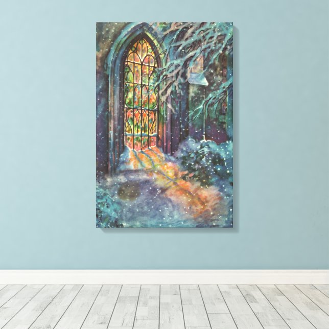 Weihnachtskirche mit festgeklemmtem Glasfenster Leinwanddruck (Insitu (Holzboden))