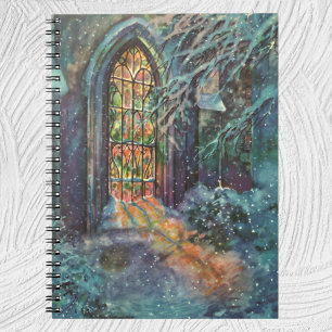 Weihnachtskirche mit festgeklemmtem Glasfenster Notizblock