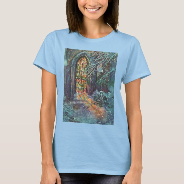 Weihnachtskirche mit festgeklemmtem Glasfenster T-Shirt (Vorderseite)