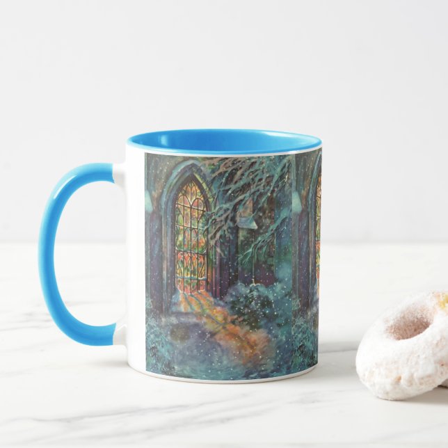 Weihnachtskirche mit festgeklemmtem Glasfenster Tasse (Mit Donut)