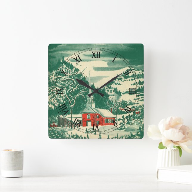 Weihnachtskirche, Schnee im Winter Quadratische Wanduhr (Zuhause)