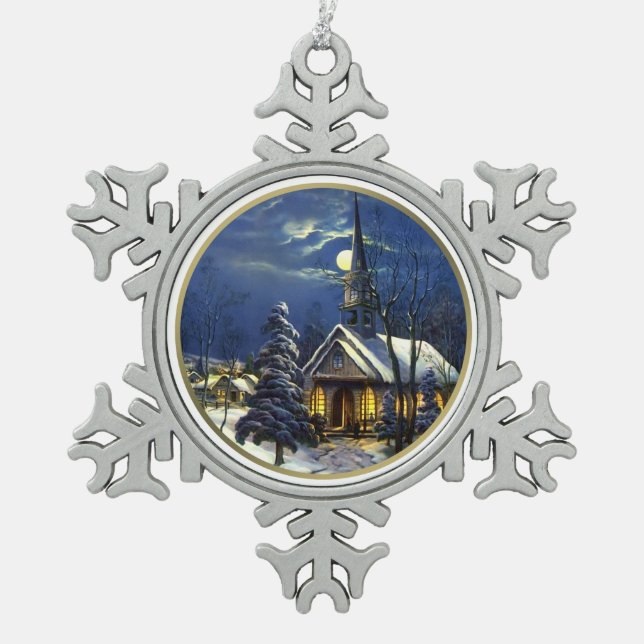 Weihnachtskirche Schneeflocken Zinn-Ornament (Vorderseite)