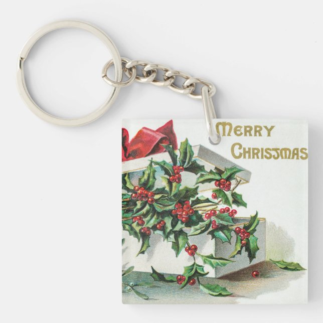 Weihnachtskirsche Vintage Kunst mit Wünschen Schlüsselanhänger (Vorderseite)