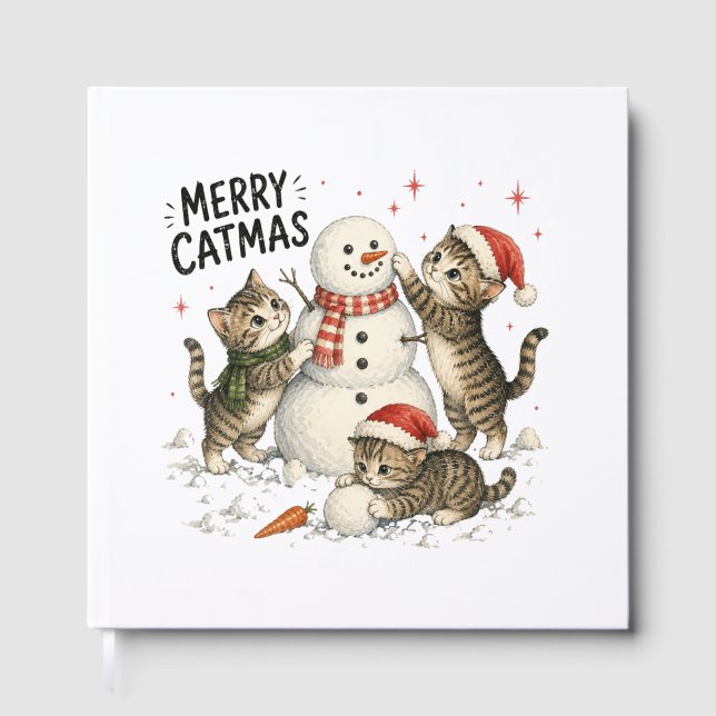 Weihnachtskitten bauen Schneemann Gästebuch (Vorderseite)