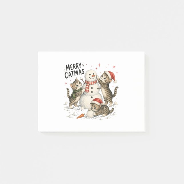 Weihnachtskitten bauen Schneemann Post-it Klebezettel (Vorderseite)