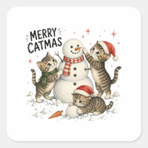 Weihnachtskitten bauen Schneemann Quadratischer Aufkleber