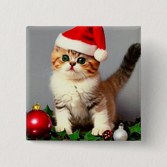 Weihnachtskitten in Weihnachtsmannmütze Button (Vorderseite)