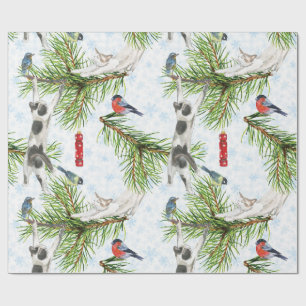 Weihnachtskitten mit Vögeln Geschenkpapier