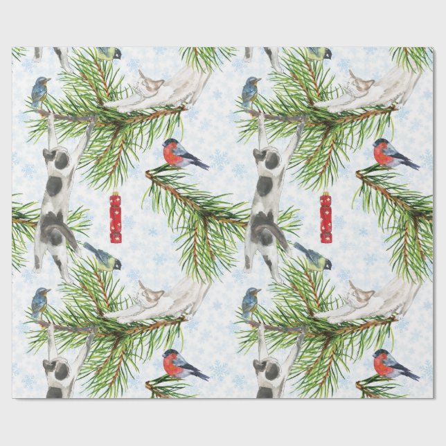Weihnachtskitten mit Vögeln Geschenkpapier (Flach)