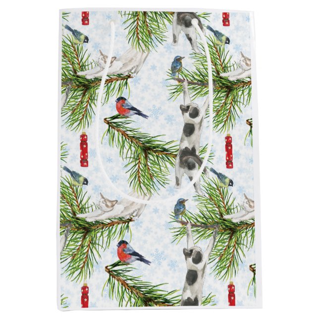 Weihnachtskitten mit Vögeln Mittlere Geschenktüte (Vorderseite)