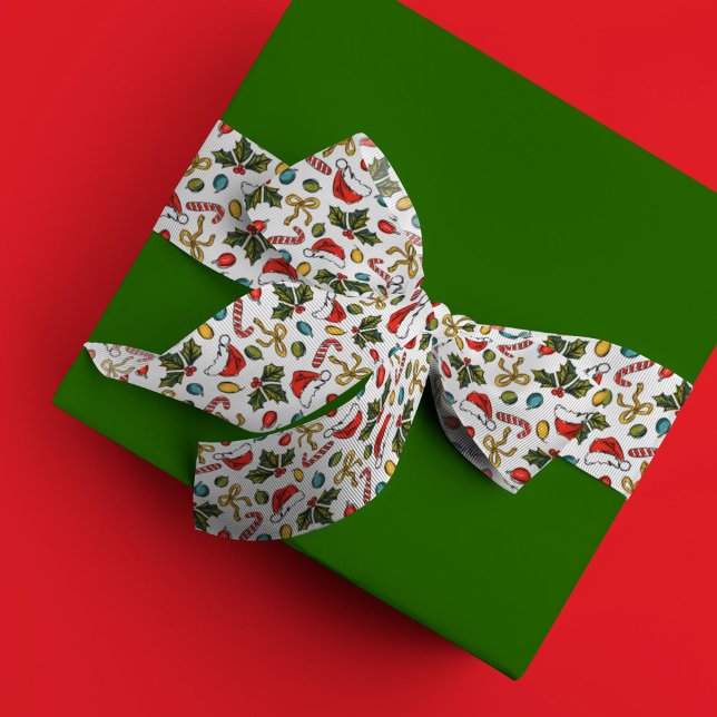 Weihnachtskizzen Weihnachtsmannmütze Holly Candy C Satinband (Festive Christmas sketches ribbon)
