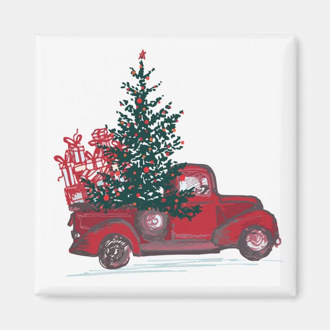 Weihnachtsklassiker roter Pickup-Truck Magnet (Vorne)