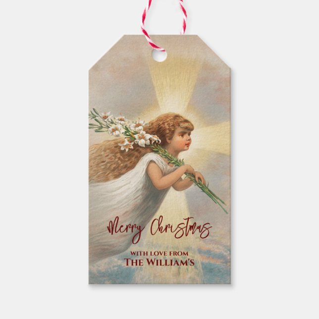 Weihnachtsklassiker Vintage-Engel mit Blumen  Geschenkanhänger (Vorderseite)
