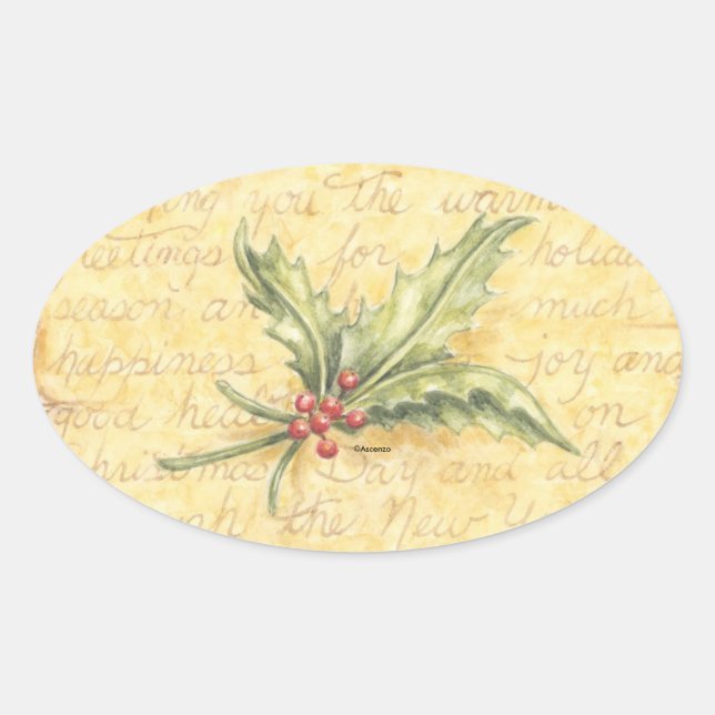 Weihnachtskleber Holly-Blätter Ovaler Aufkleber (Vorderseite)