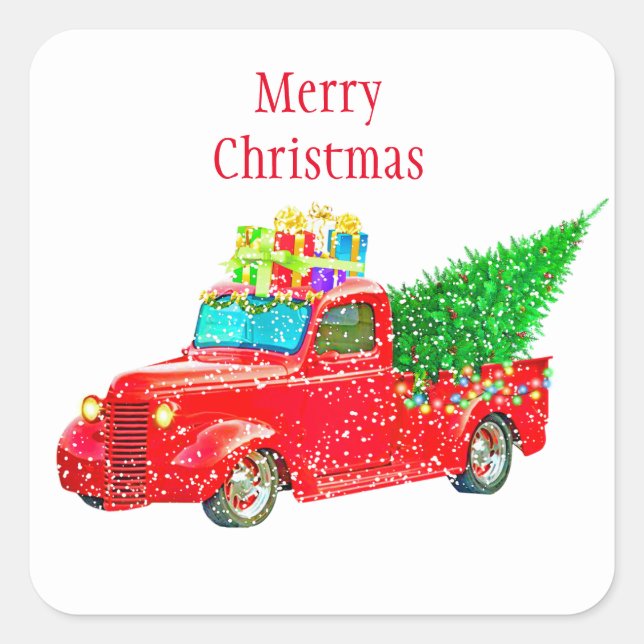 Weihnachtskleber-Red Truck Quadratischer Aufkleber (Vorderseite)