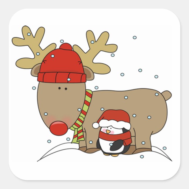 Weihnachtskleber/Rudolph und ein Pinguin Quadratischer Aufkleber (Vorderseite)