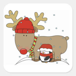 Weihnachtskleber/Rudolph und ein Pinguin Quadratischer Aufkleber