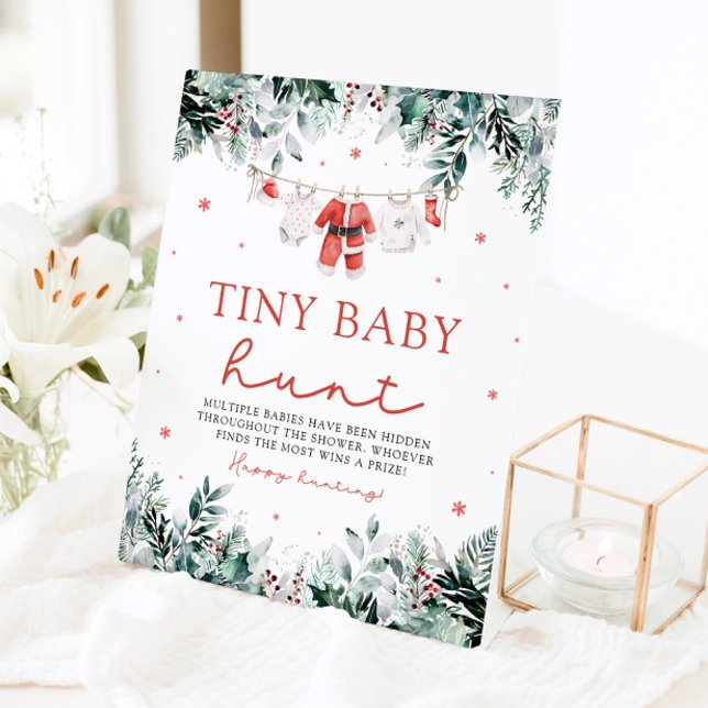 Weihnachtskleidung Kinderdusche Tiny Baby Hunt Sockelschild (Watercolor Christmas Santa Clothes Baby Shower Tiny Baby Hunt Pedestal Sign)