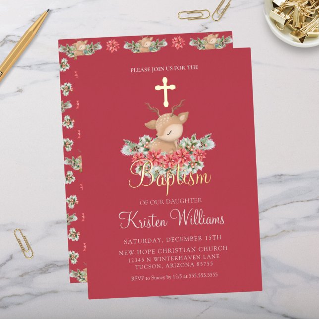 Weihnachtsklein Hirschtaufe Christening Cross Folieneinladung (Elegant Gold Foil Christmas Baptism Christening Little Deer Poinsettia Gold Cross Winter Invitation)