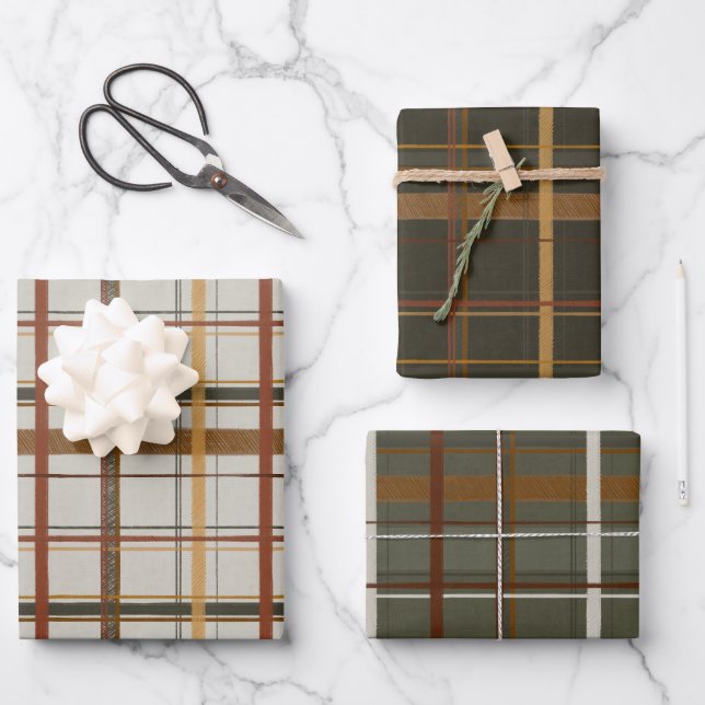Weihnachtskollektion | Plaid Green, Creme, Tan Geschenkpapier Set (Vorderseite)