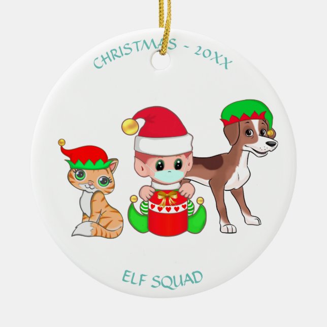 Weihnachtskommando, Elf, Katze & Hund Keramik Ornament (Vorne)