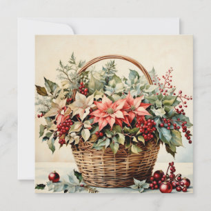 Weihnachtskorb mit Poinsettia-Blume, Beeren Feiertagskarte