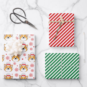 Weihnachtskorgi Hund und Streifen Geschenkpapier Set