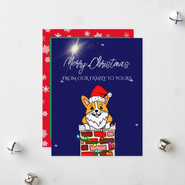 Weihnachtskorgi mit Weihnachtsmannmütze Personalis Feiertagskarte (Vorderseite/Rückseite Beispiel)