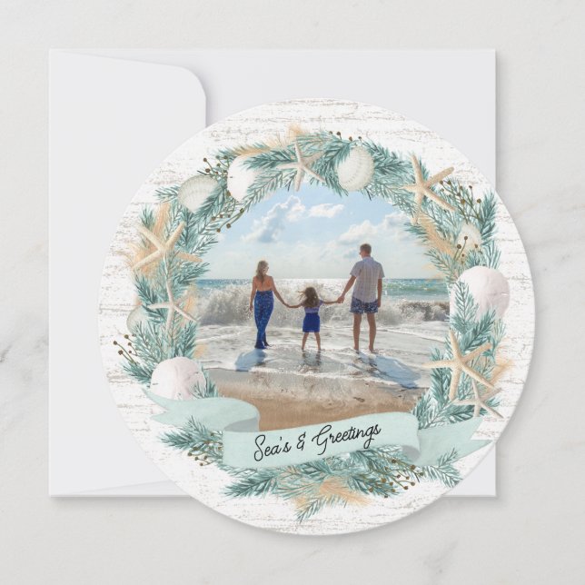 Weihnachtskranz am Strand mit Foto Feiertagskarte (Vorderseite)